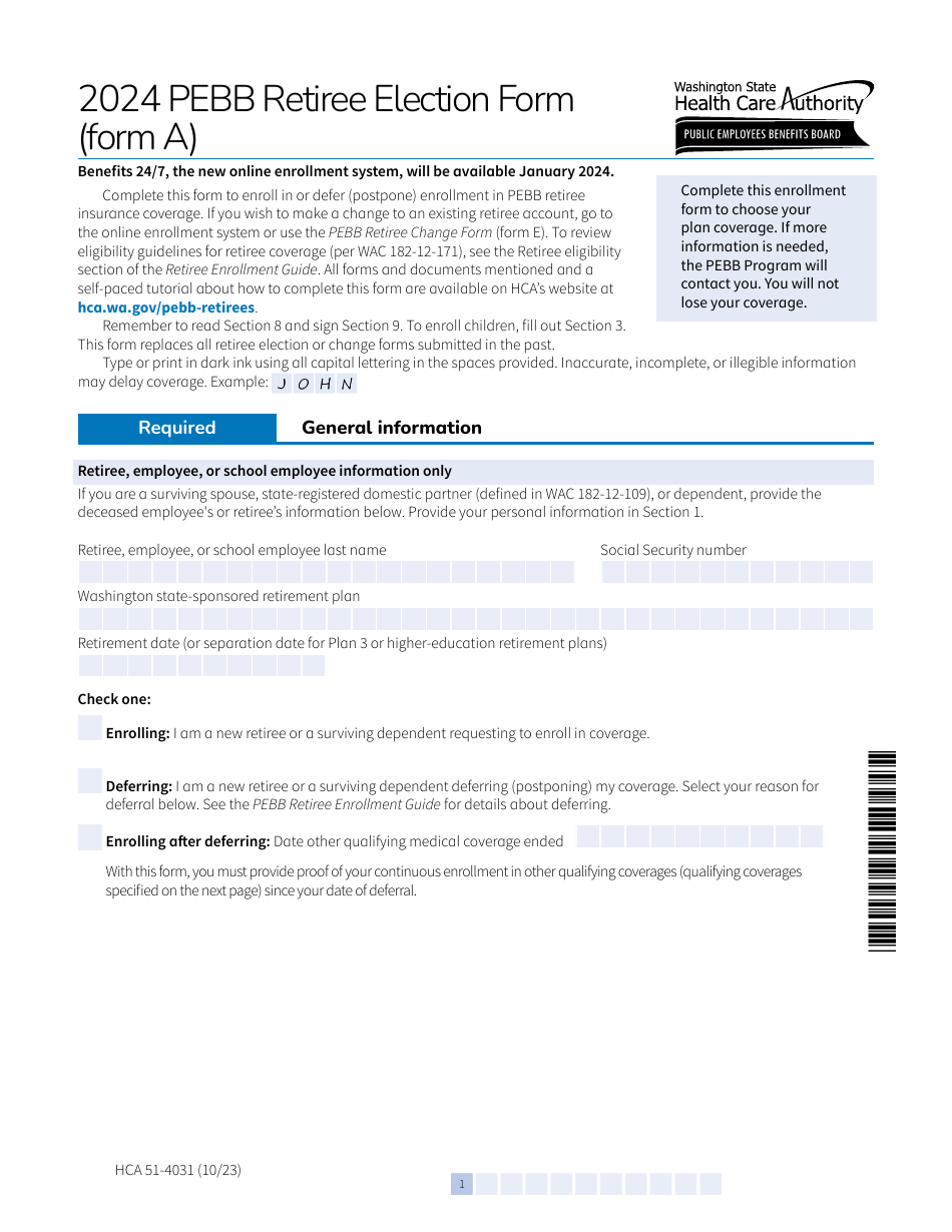 Form A (HCA51-4031) Pebb Retiree Election Form - Washington, Page 1