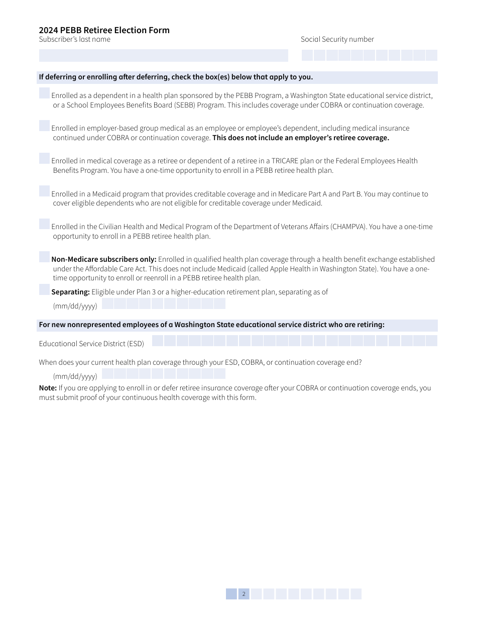 Form A (HCA51-4031) Pebb Retiree Election Form - Washington, Page 2