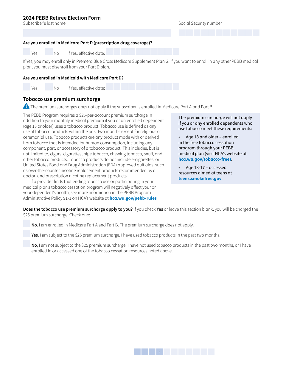 Form A (HCA51-4031) Pebb Retiree Election Form - Washington, Page 4
