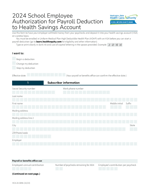 Form HCA20-0086 School Employee Authorization for Payroll Deduction to Health Savings Account - Washington, 2024