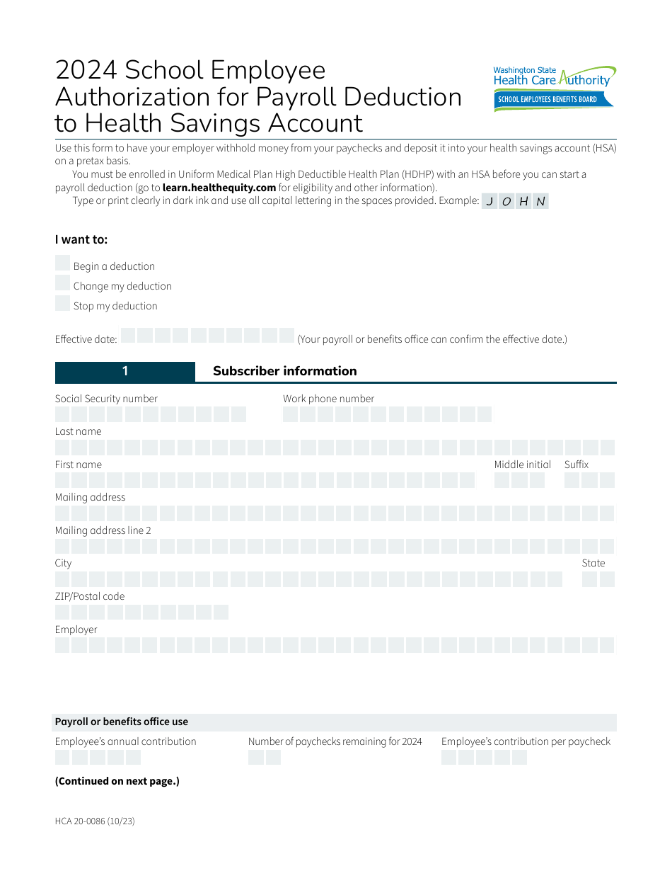 Form HCA20-0086 School Employee Authorization for Payroll Deduction to Health Savings Account - Washington, Page 1