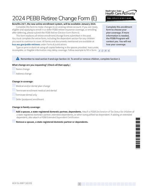 Form E (HCA51-0007) 2024 Printable Pdf