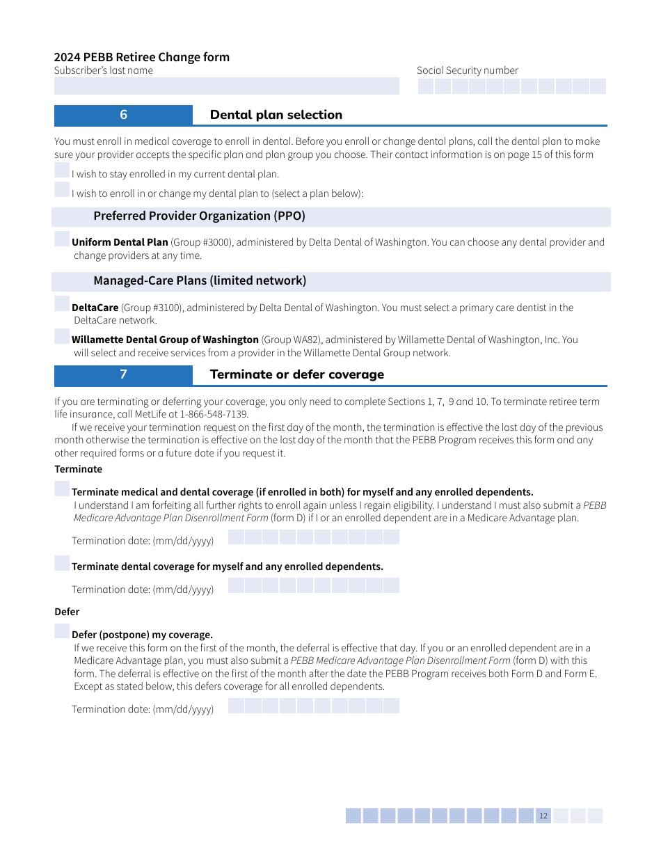 Form E (HCA51-0007) Pebb Retiree Change Form - Washington, Page 12