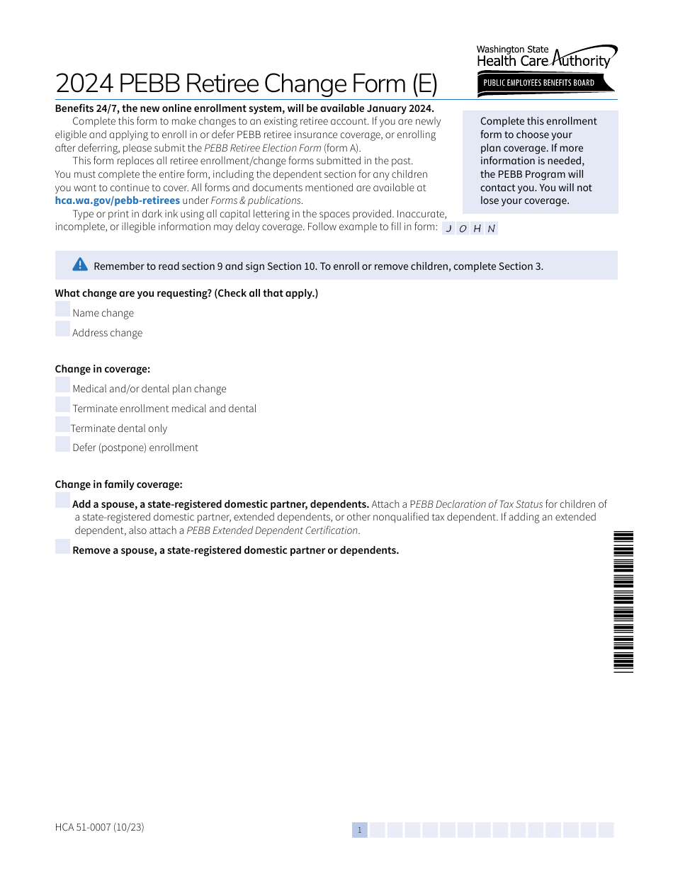 Form E (HCA51-0007) Pebb Retiree Change Form - Washington, Page 1