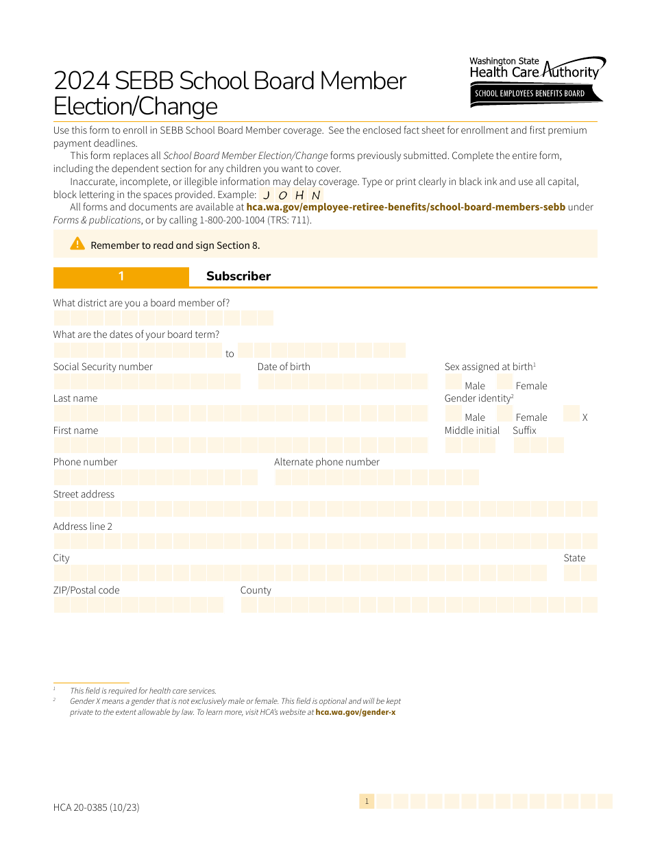 Form HCA20-0385 Sebb School Board Member Election / Change - Washington, Page 1
