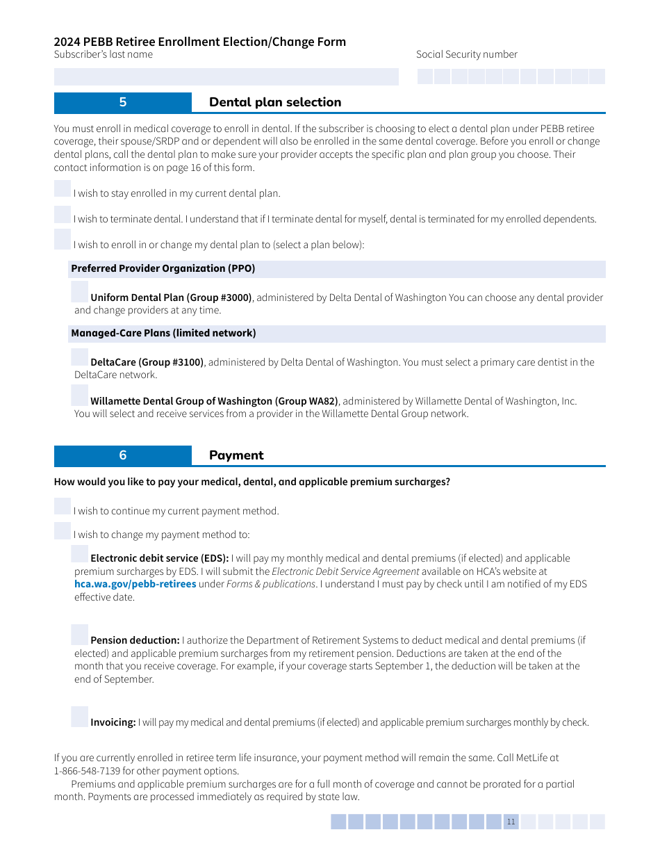 Form A-OE (HCA51-4030) Pebb Retiree Open Enrollment Election / Change - Washington, Page 11