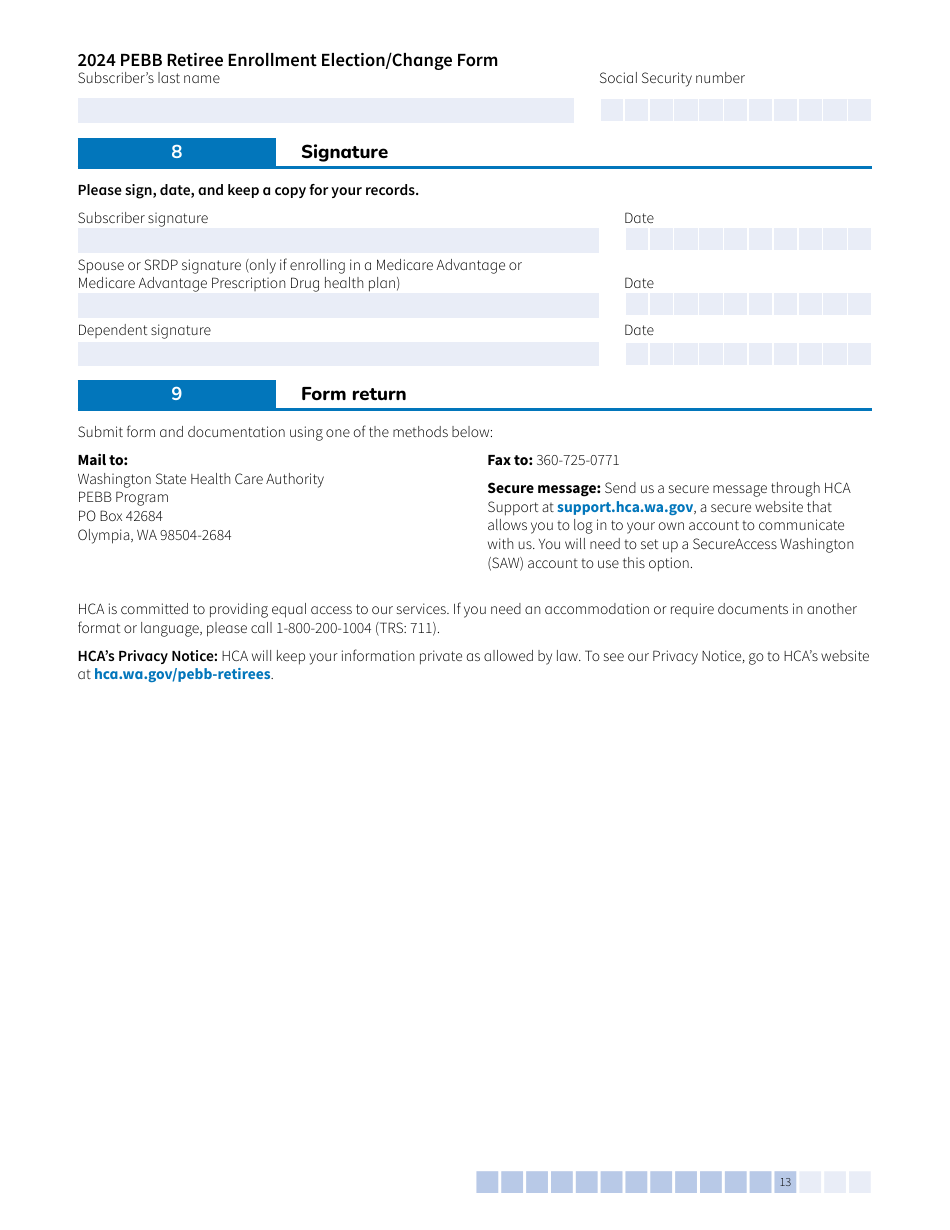 Form A-OE (HCA51-4030) Pebb Retiree Open Enrollment Election / Change - Washington, Page 13