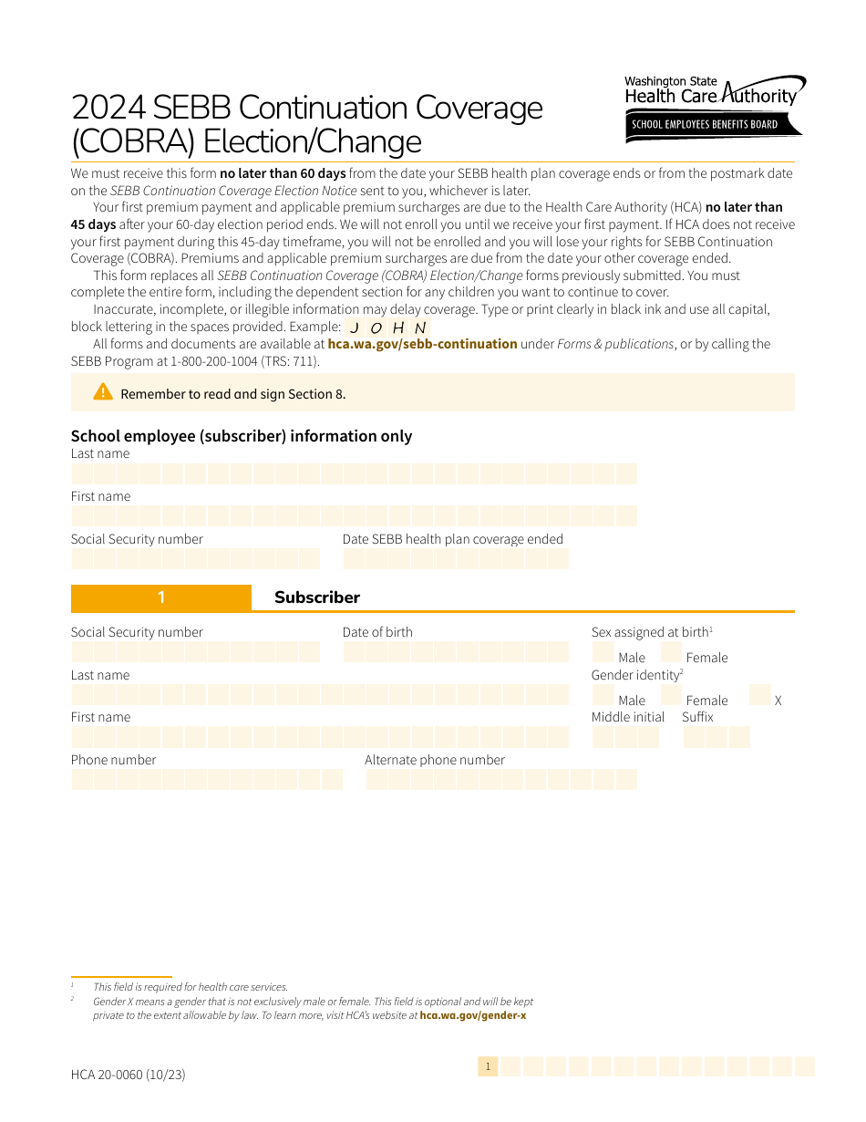 Form Hca20 0060 Download Fillable Pdf Or Fill Online Sebb Continuation Coverage Cobra Election 6707