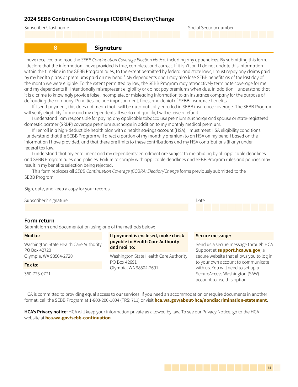 Form HCA20-0060 Sebb Continuation Coverage (Cobra) Election / Change - Washington, Page 14