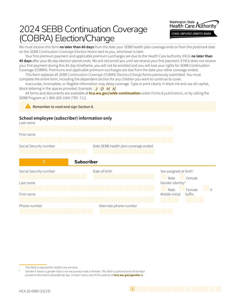 Form HCA20-0060 Sebb Continuation Coverage (Cobra) Election / Change - Washington, Page 1