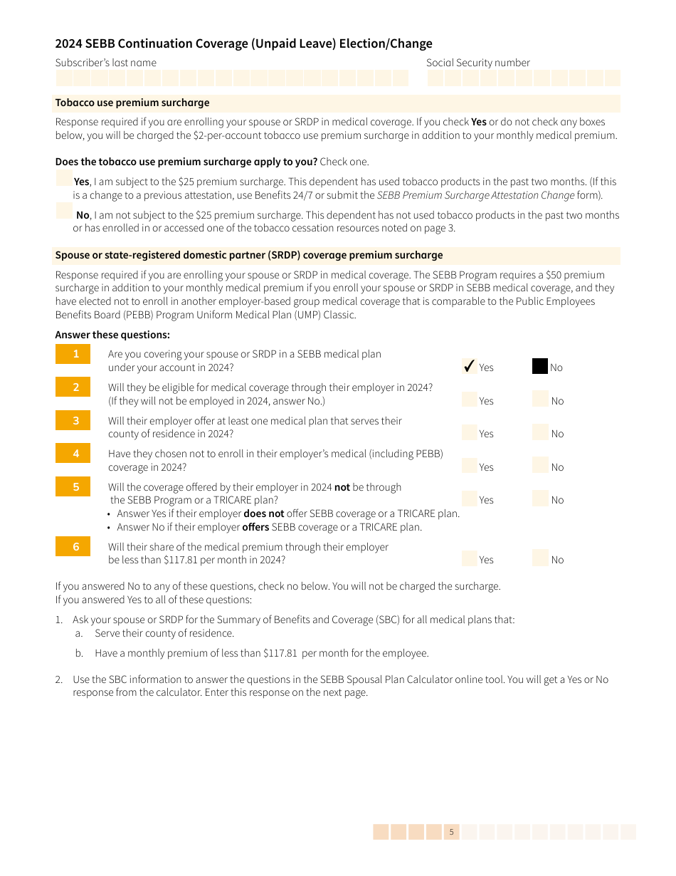 Form HCA20-0059 Sebb Continuation Coverage (Unpaid Leave) Election / Change - Washington, Page 5