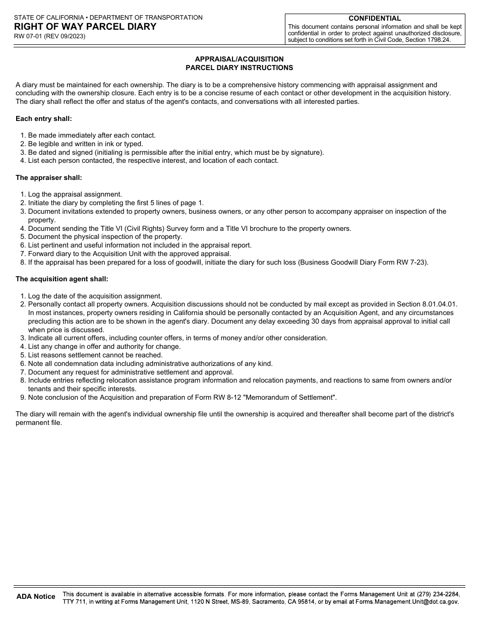 Form DOT RW07-01 Right of Way Parcel Diary - California, Page 3