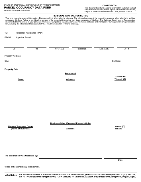 Form DOT RW07-02 Parcel Occupancy Data Form - California