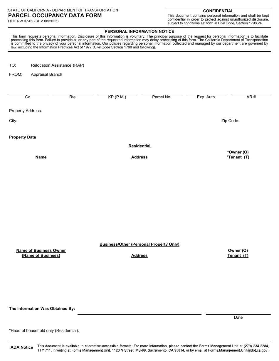 Form DOT RW07-02 Parcel Occupancy Data Form - California, Page 1