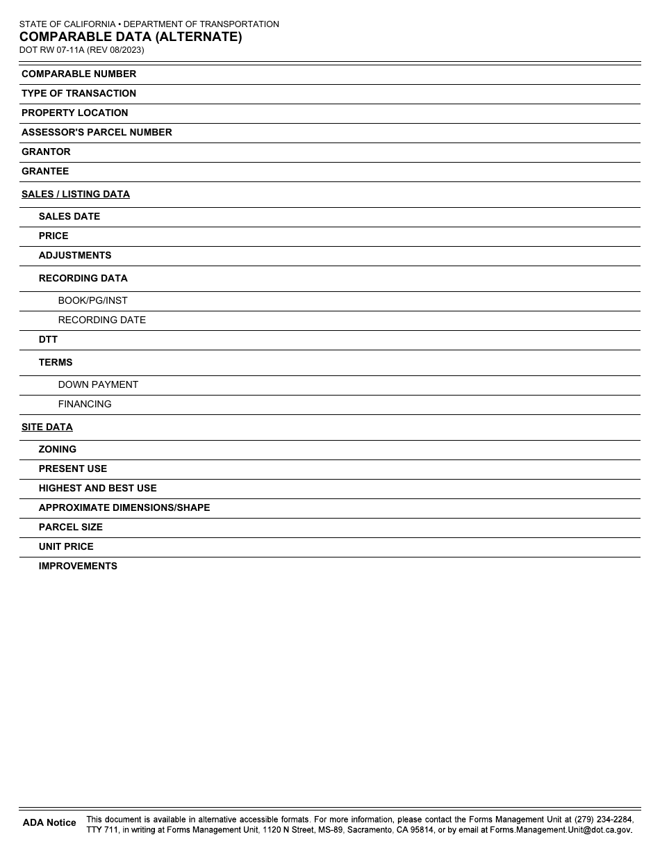 Form DOT RW07-11A Comparable Data (Alternate) - California, Page 1