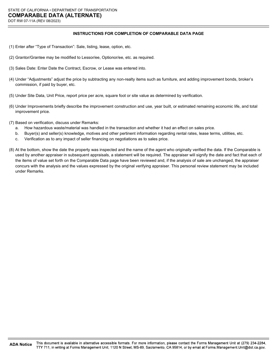 Form DOT RW07-11A Comparable Data (Alternate) - California, Page 3