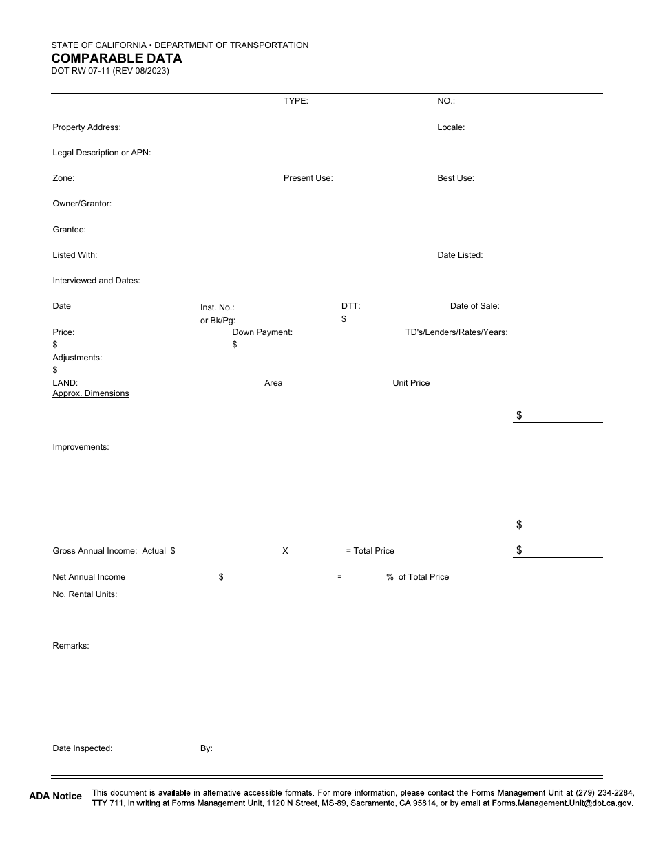 Form DOT RW07-11 Comparable Data - California, Page 1