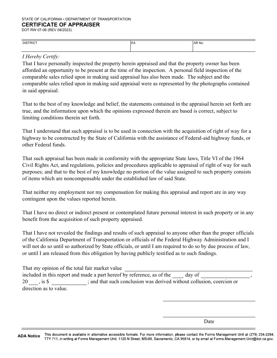 Form DOT RW07-06 Certificate of Appraiser - California, Page 1