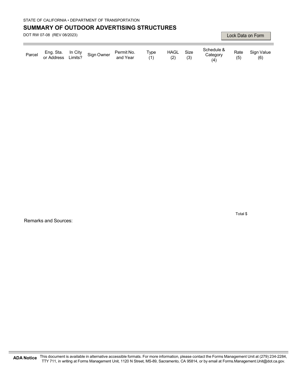 Form DOT RW07-08 Summary of Outdoor Advertising Structures - California, Page 1