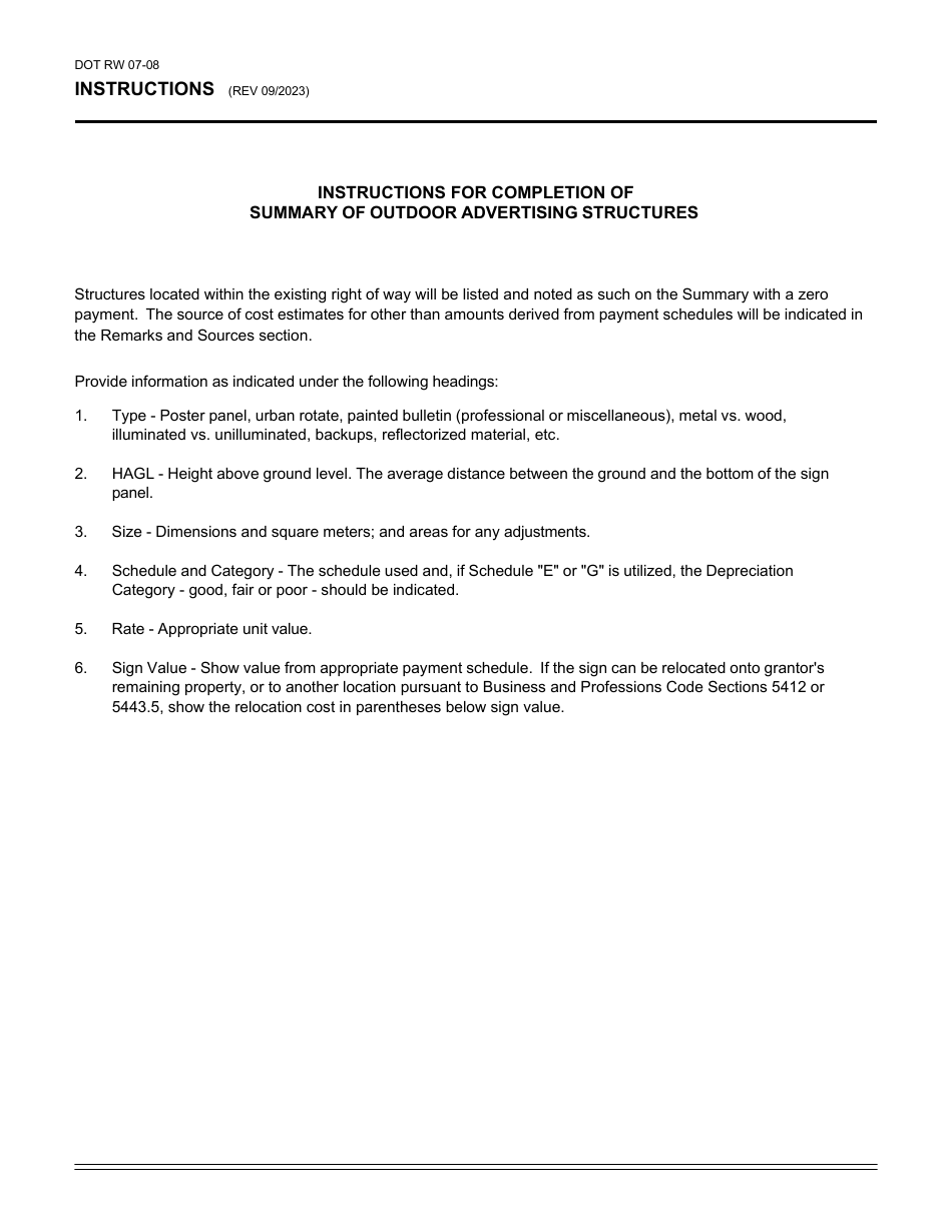 Form DOT RW07-08 Summary of Outdoor Advertising Structures - California, Page 2