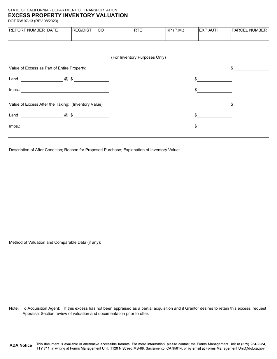 Form DOT RW07-13 Excess Property Inventory Valuation - California, Page 1