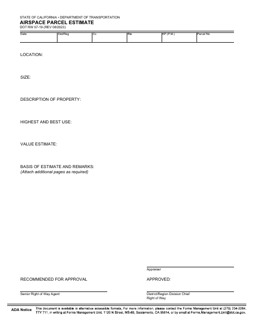 Form DOT RW07-19 Airspace Parcel Estimate - California