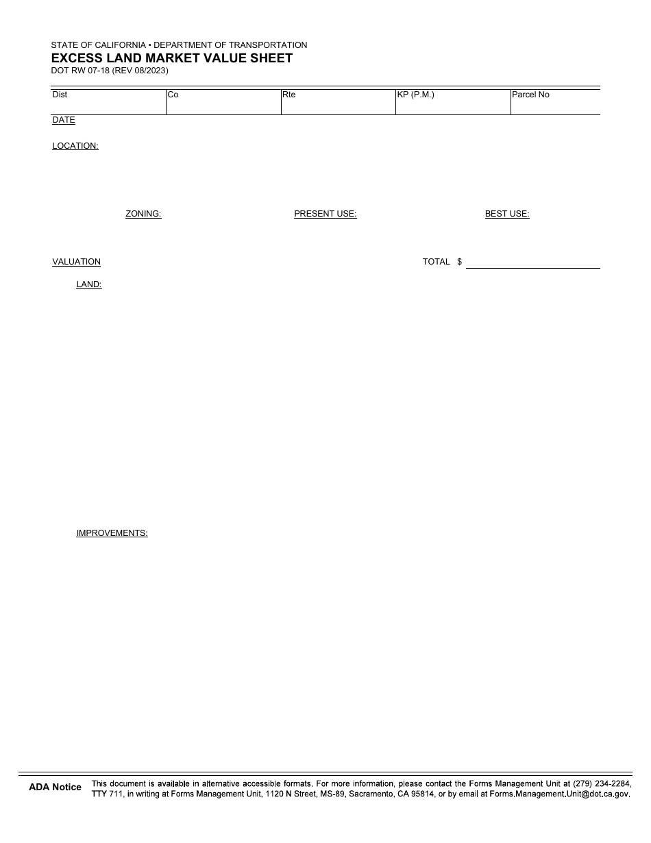 Form DOT RW07-18 Excess Land Market Value Sheet - California, Page 1