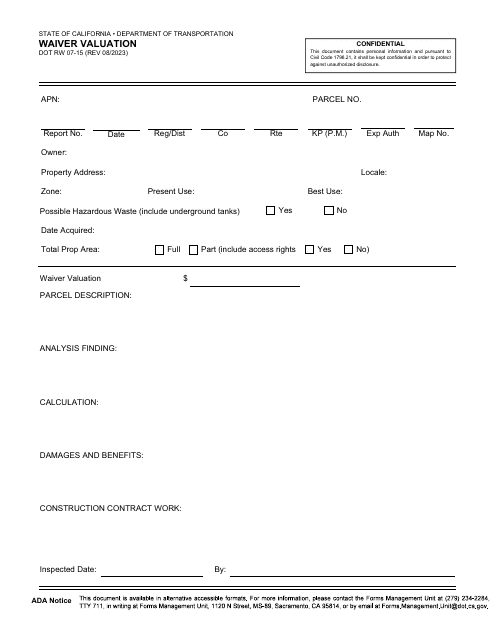 Form DOT RW07-15  Printable Pdf