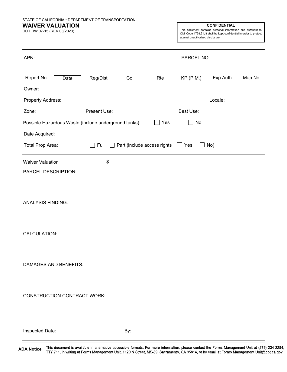 Form DOT RW07-15 Waiver Valuation - California, Page 1