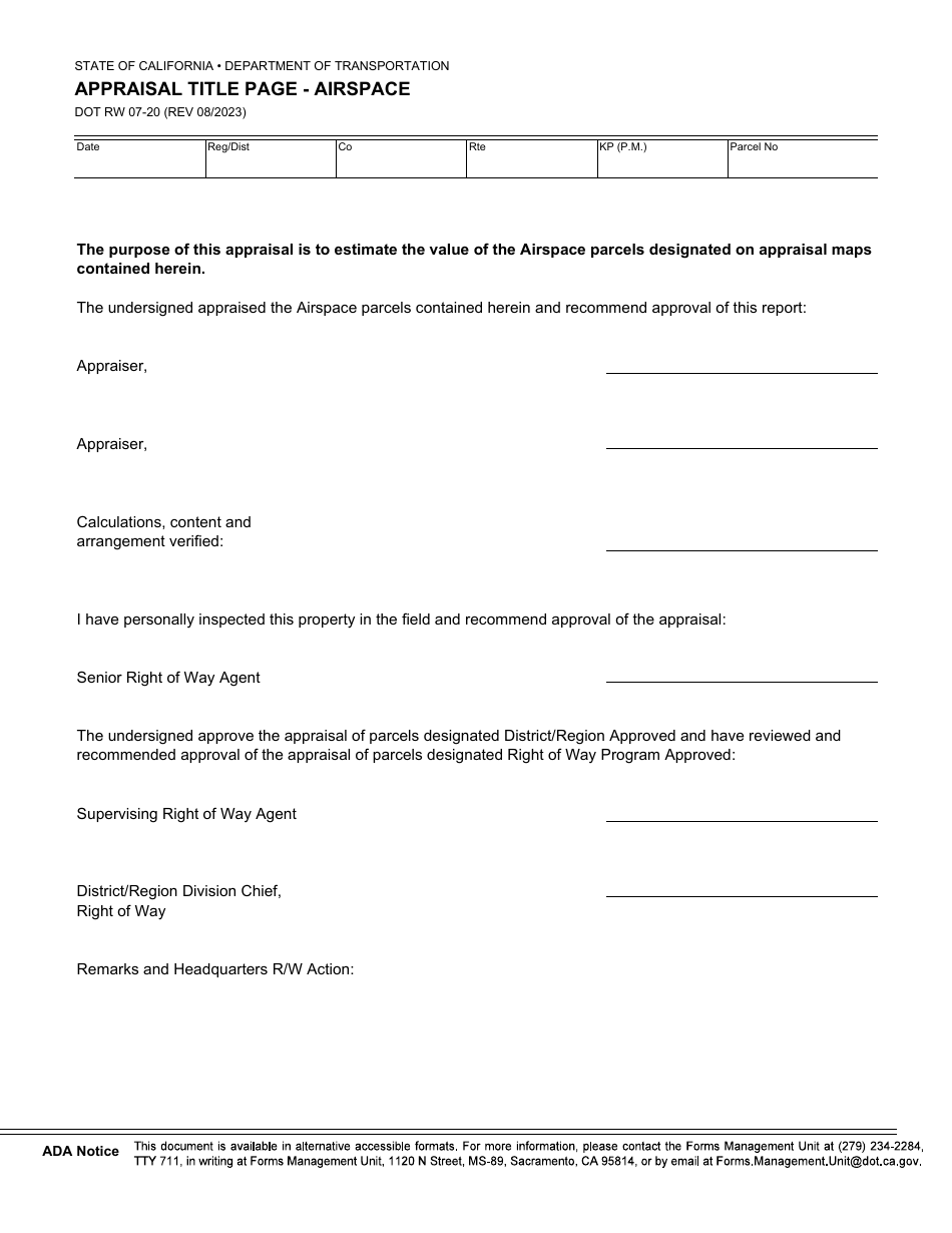 Form DOT RW07-20 Appraisal Title Page - Airspace - California, Page 1