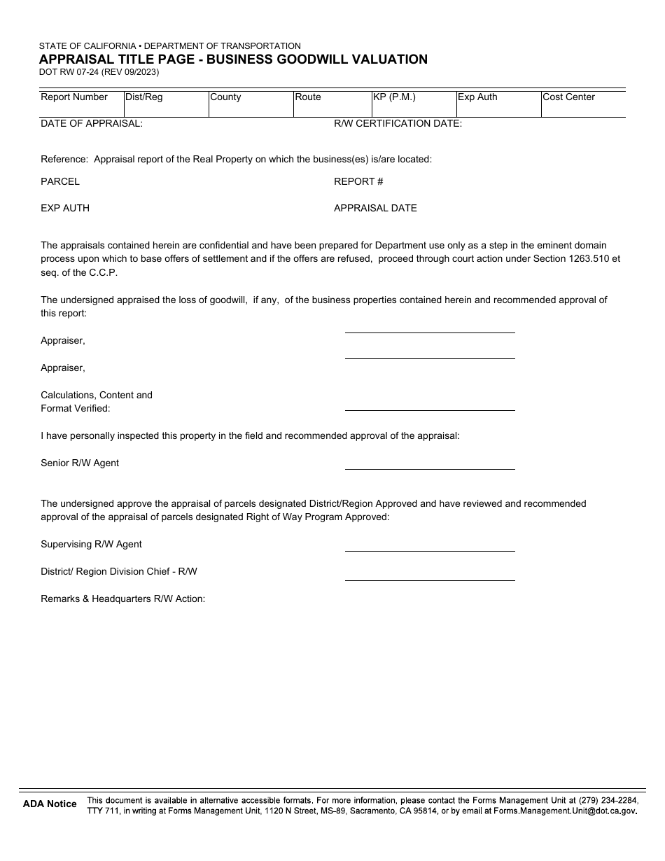 Form DOT RW07-24 Appraisal Title Page - Business Goodwill Valuation - California, Page 1