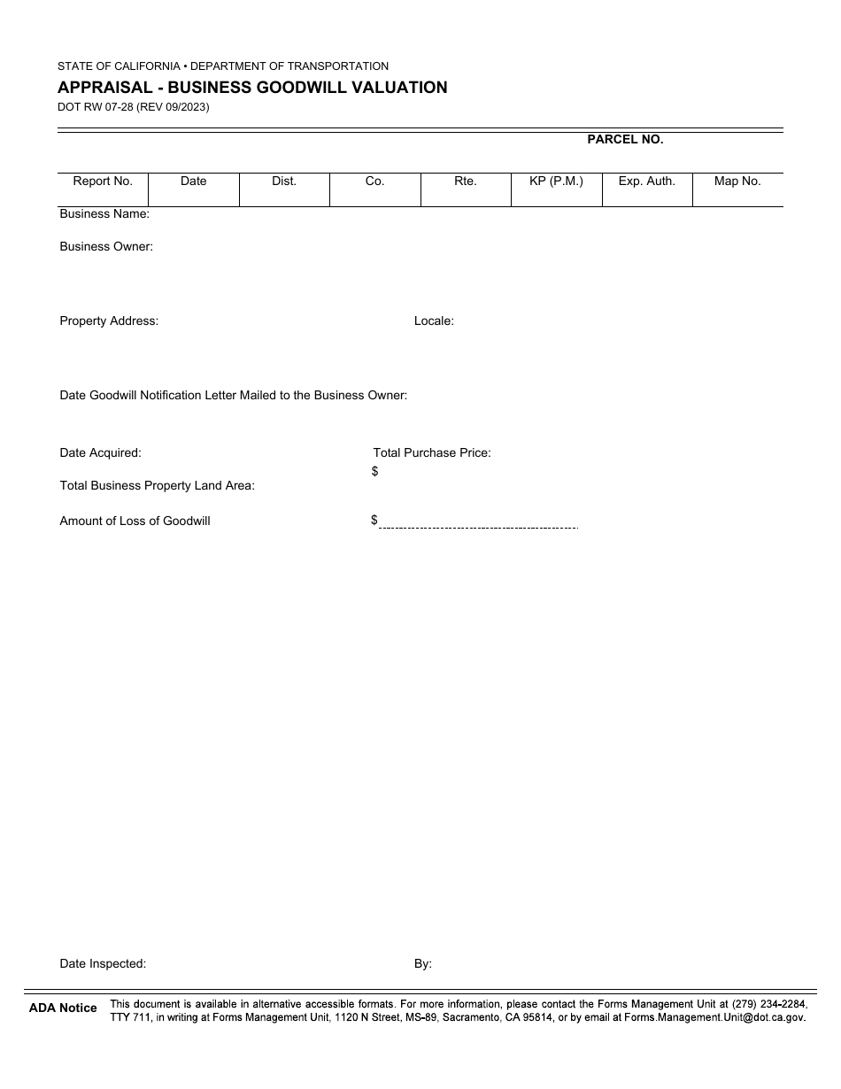 Form DOT RW07-28 Appraisal - Business Goodwill Valuation - California, Page 1
