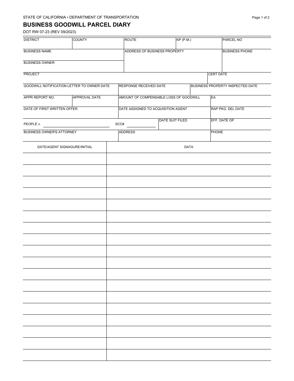 Form DOT RW07-23 Business Goodwill Parcel Diary - California, Page 1