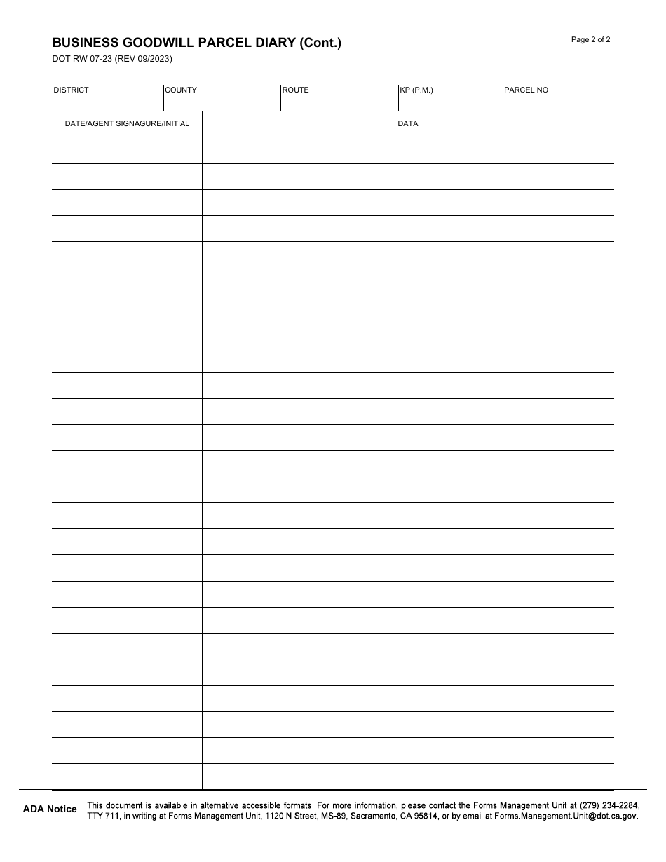 Form DOT RW07-23 Business Goodwill Parcel Diary - California, Page 2