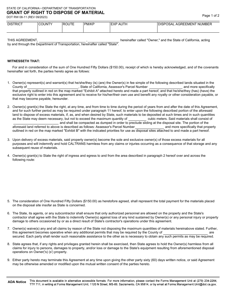Form DOT RW08-11 Grant of Right to Dispose of Material - California, Page 1