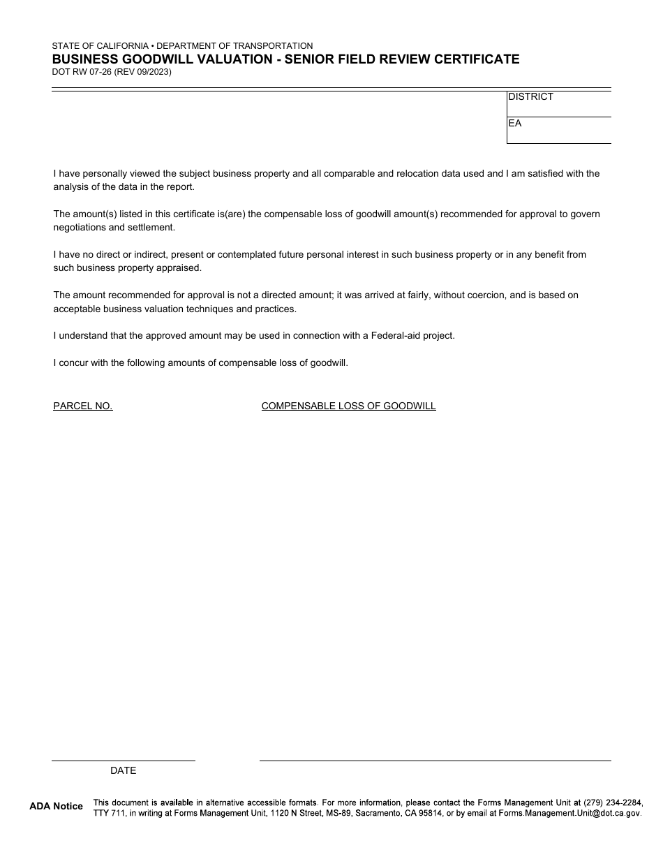 Form DOT RW07-26 Business Goodwill Valuation - Senior Field Review Certificate - California, Page 1