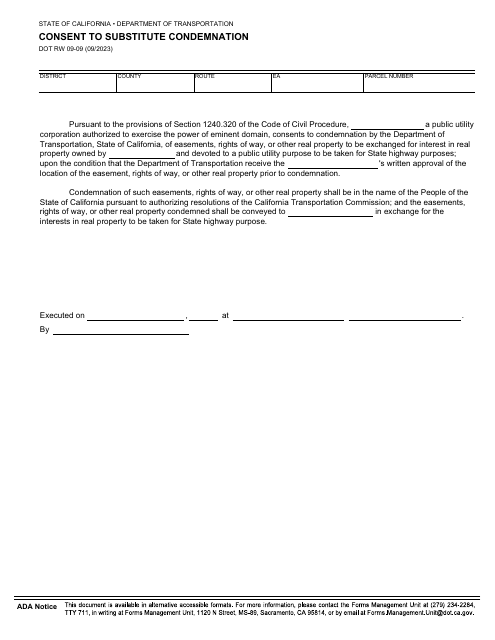 Form DOT RW09-09 Consent to Substitute Condemnation - California