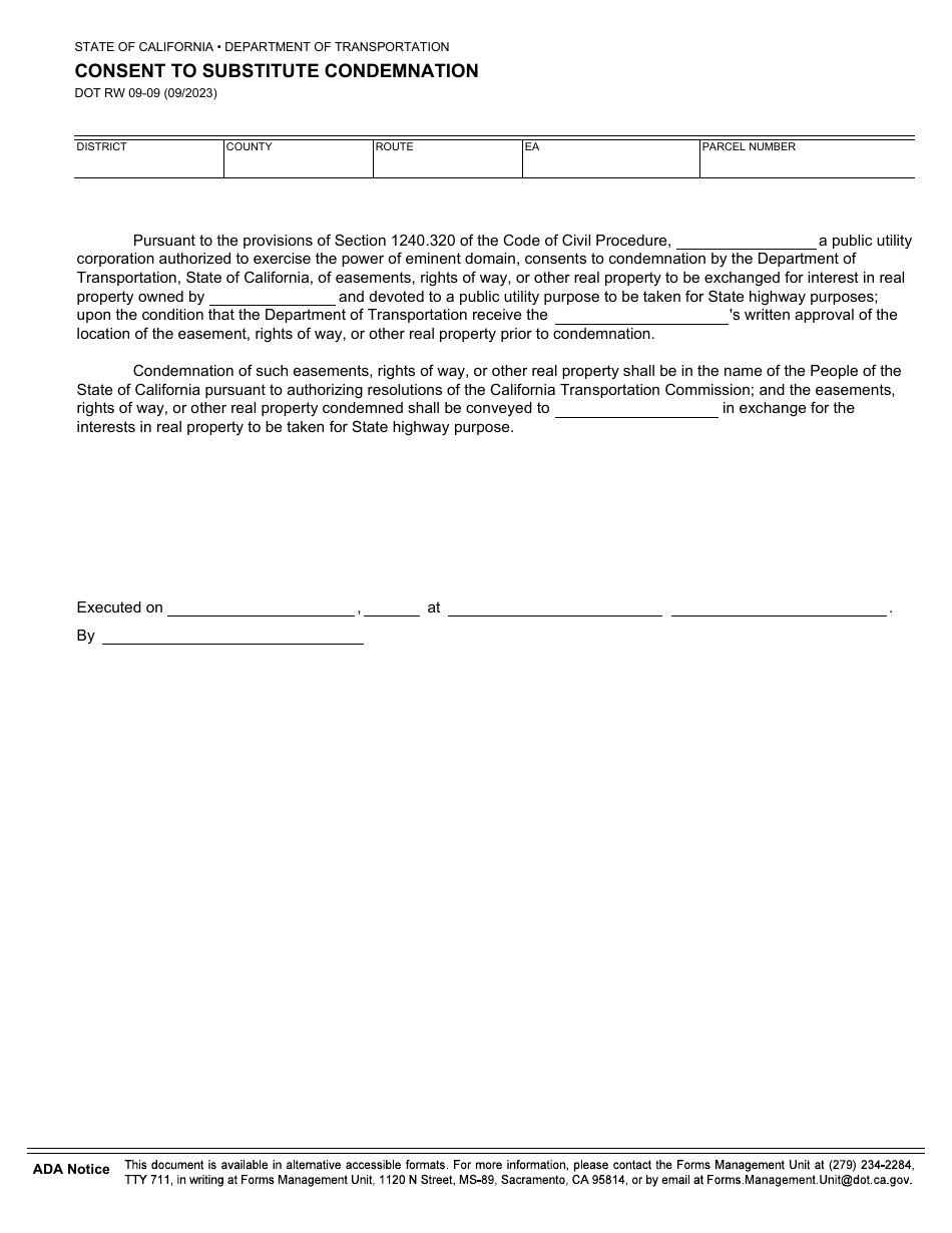 Form DOT RW09-09 Consent to Substitute Condemnation - California, Page 1