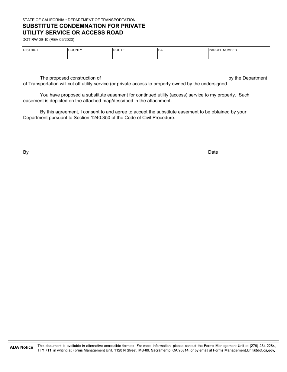 Form DOT RW09-10 Substitute Condemnation for Private Utility Service or Access Road - California, Page 1