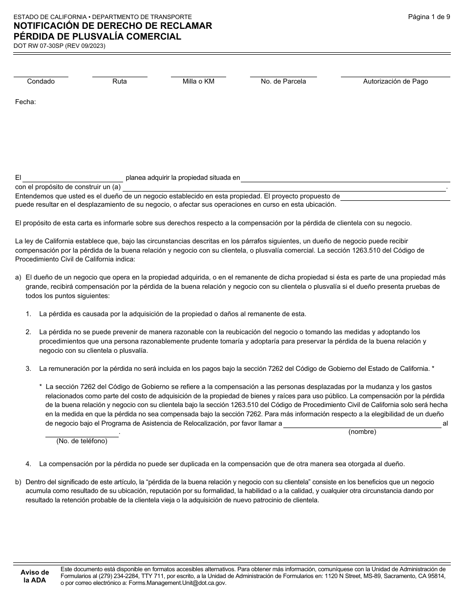 Formulario DOT RW07-30SP Notificacion De Derecho De Reclamar Perdida De Plusvalia Comercial - California (Spanish), Page 1