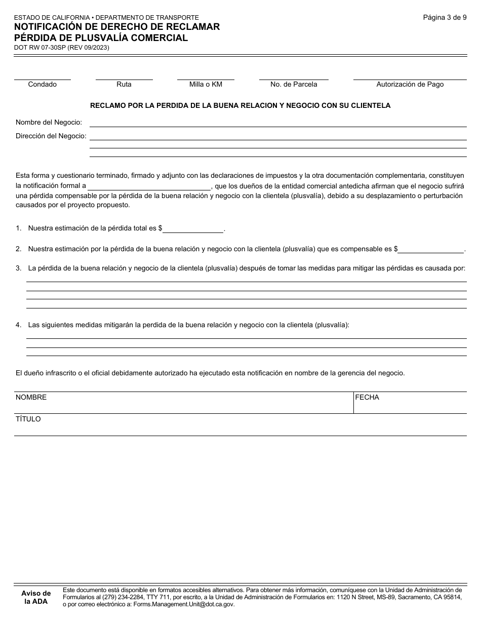Formulario DOT RW07-30SP Notificacion De Derecho De Reclamar Perdida De Plusvalia Comercial - California (Spanish), Page 3