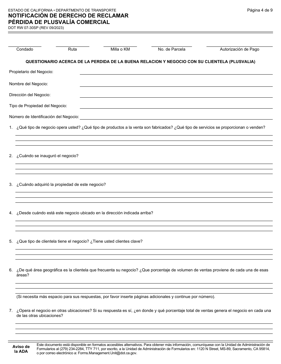 Formulario DOT RW07-30SP Notificacion De Derecho De Reclamar Perdida De Plusvalia Comercial - California (Spanish), Page 4