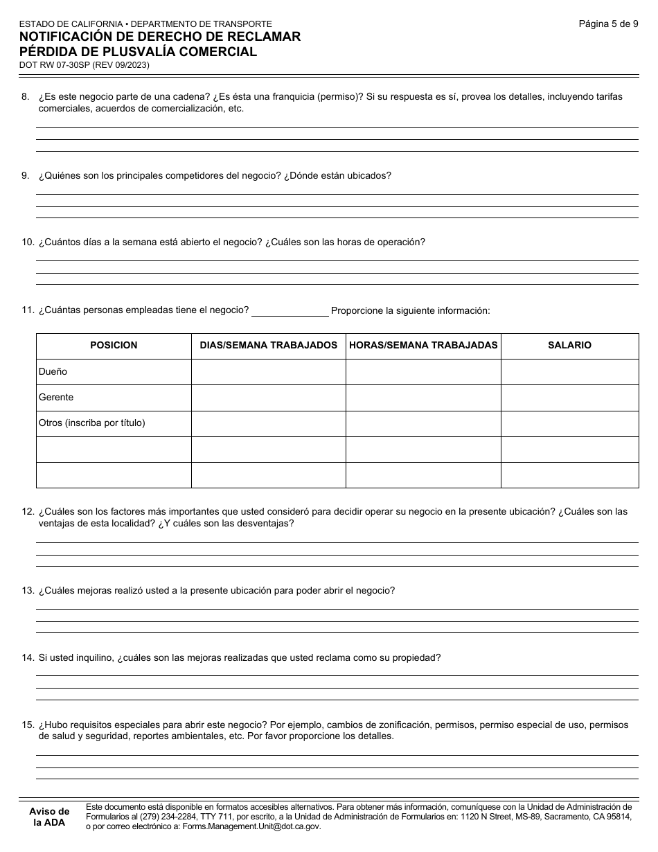 Formulario DOT RW07-30SP Notificacion De Derecho De Reclamar Perdida De Plusvalia Comercial - California (Spanish), Page 5