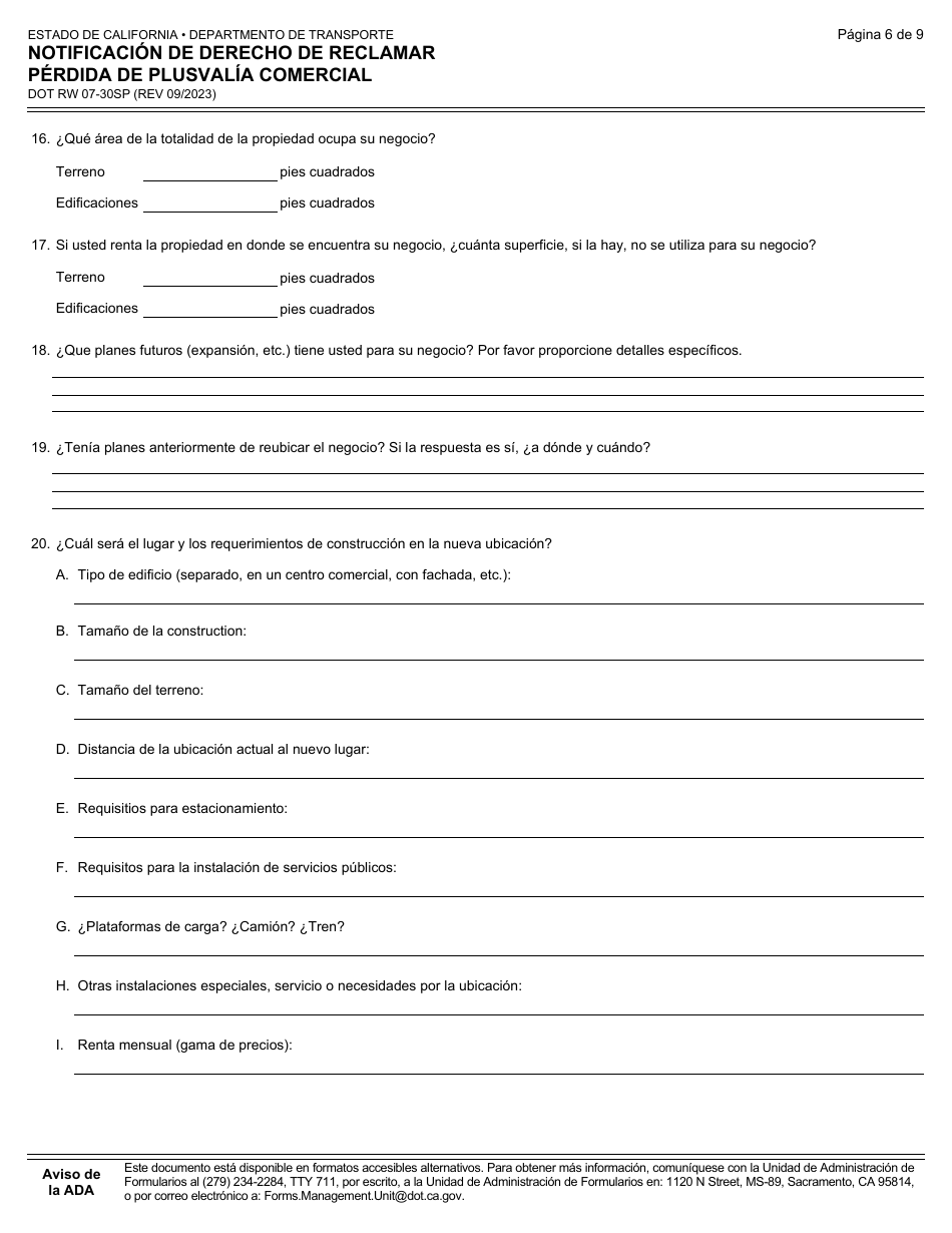 Formulario DOT RW07-30SP Notificacion De Derecho De Reclamar Perdida De Plusvalia Comercial - California (Spanish), Page 6