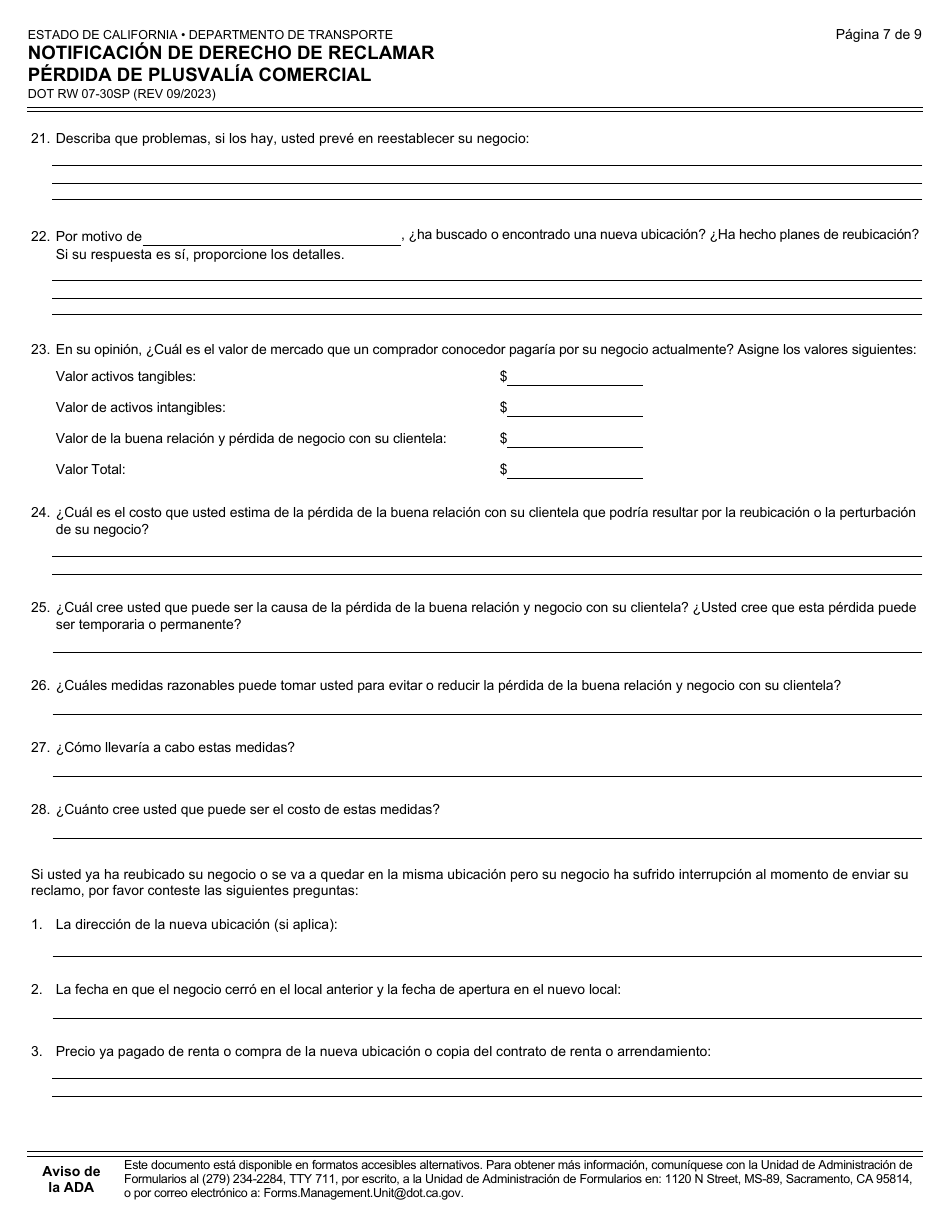 Formulario DOT RW07-30SP Notificacion De Derecho De Reclamar Perdida De Plusvalia Comercial - California (Spanish), Page 7