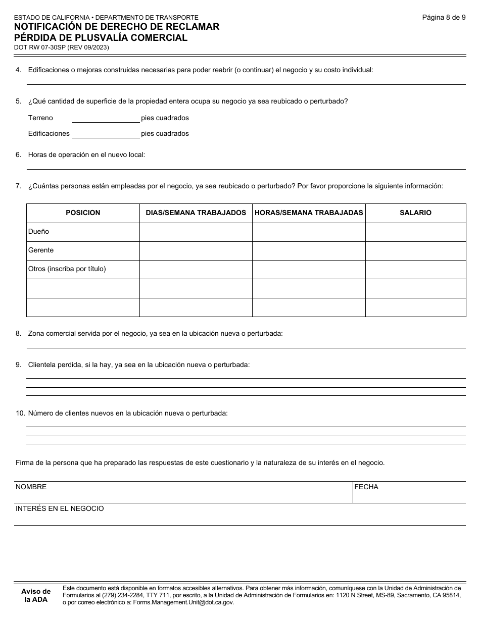 Formulario DOT RW07-30SP Notificacion De Derecho De Reclamar Perdida De Plusvalia Comercial - California (Spanish), Page 8