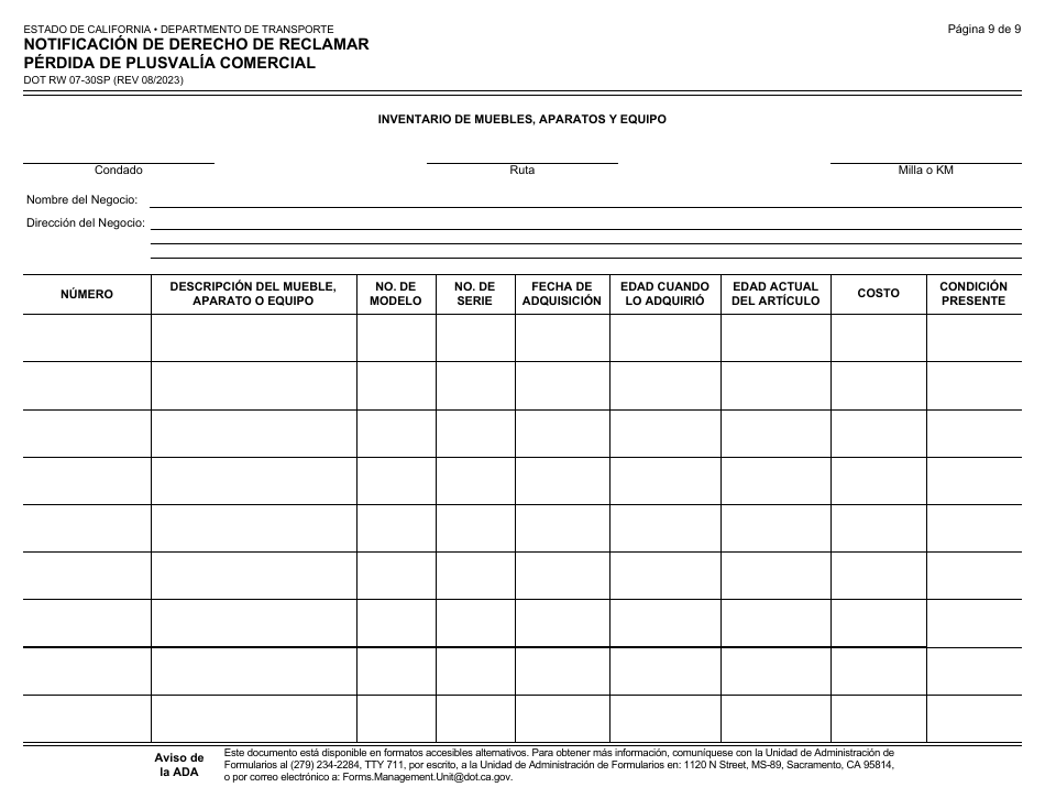 Formulario DOT RW07-30SP Notificacion De Derecho De Reclamar Perdida De Plusvalia Comercial - California (Spanish), Page 9