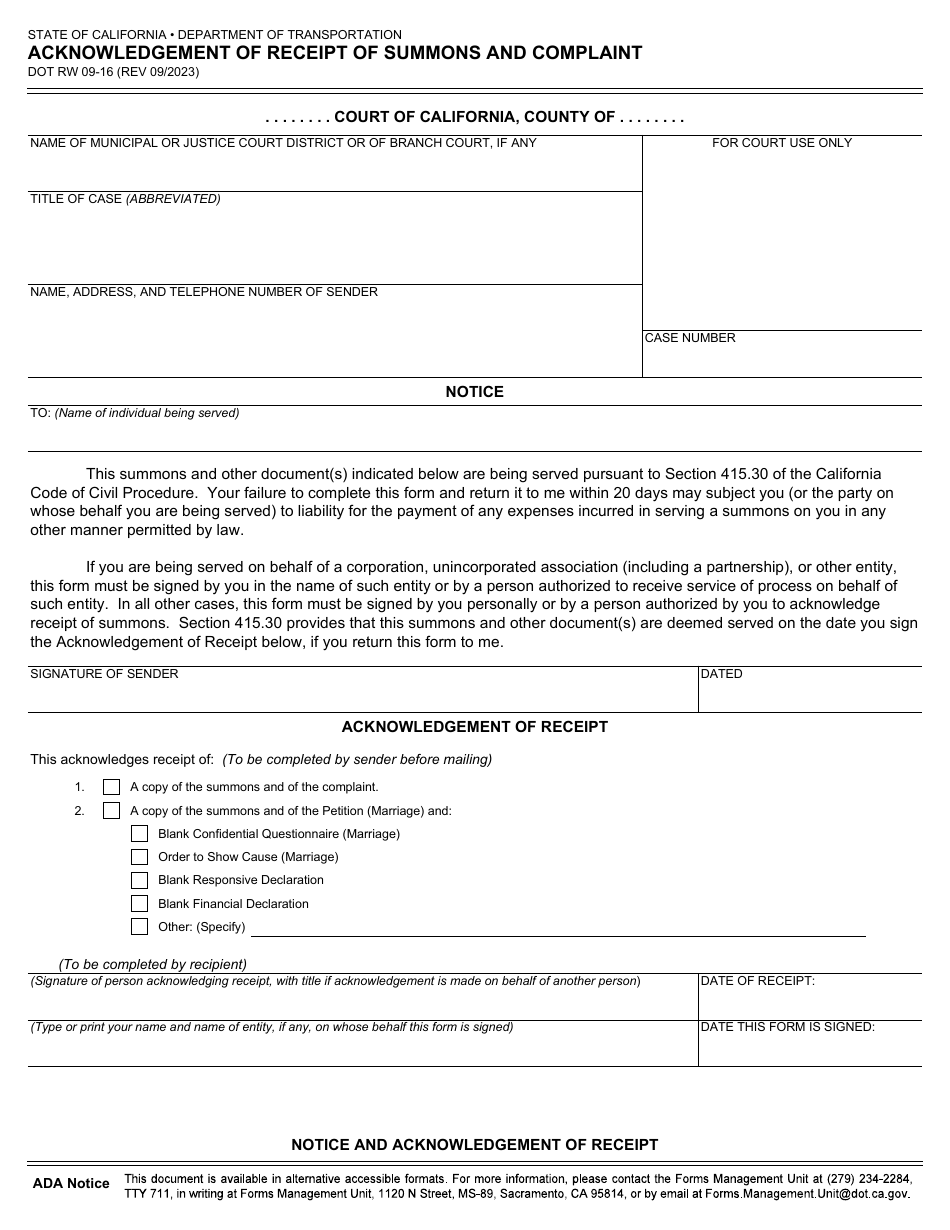 Form DOT RW09-16 Acknowledgement of Receipt of Summons and Complaint - California, Page 1