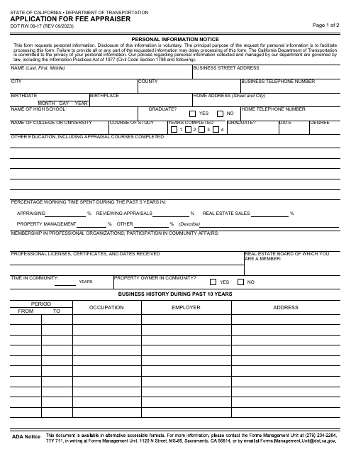 Form DOT RW09-17  Printable Pdf