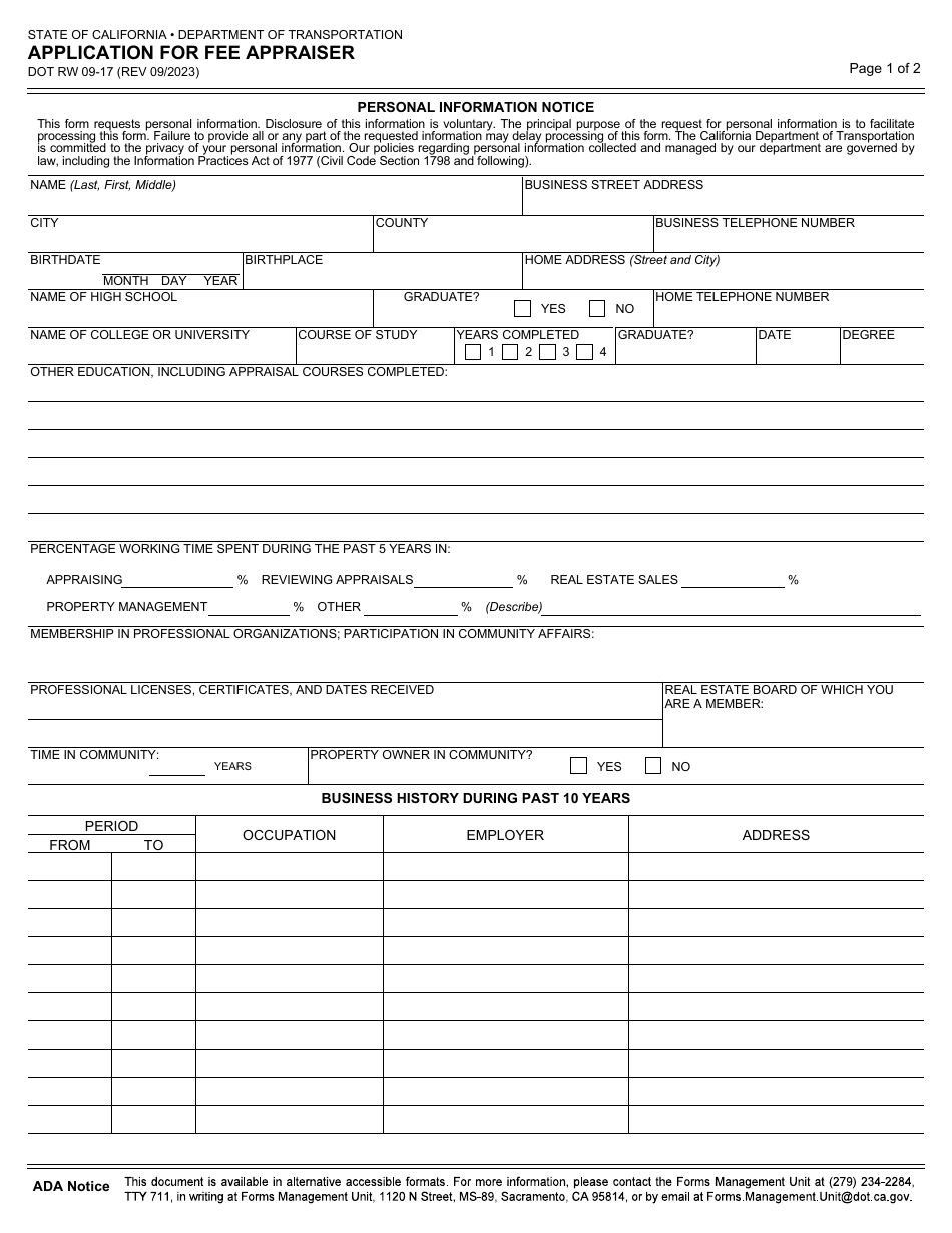 Form DOT RW09-17 Application for Fee Appraiser - California, Page 1